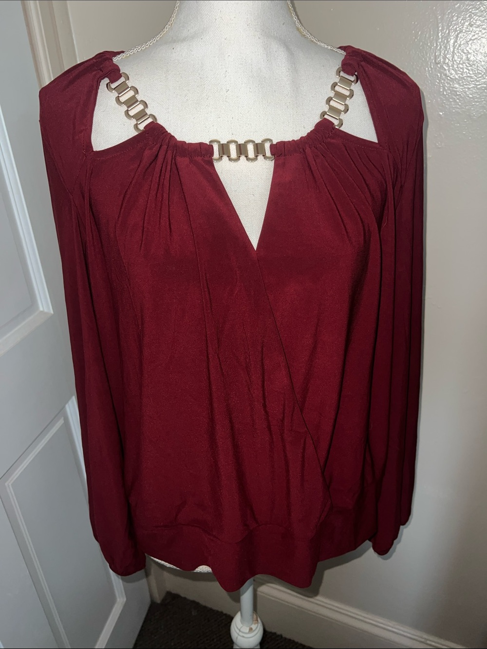 Lily Star Burgundy Long Sleeve Blouse with Gold Chain